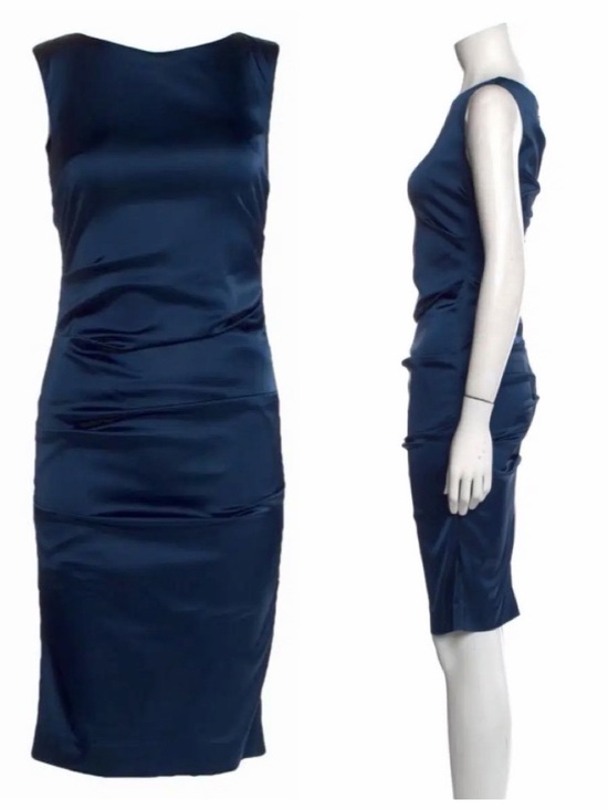 Nicole Miller Dresses & Skirts - Nicole Miller Navy Satin Ruched Midi Dress Sz 8